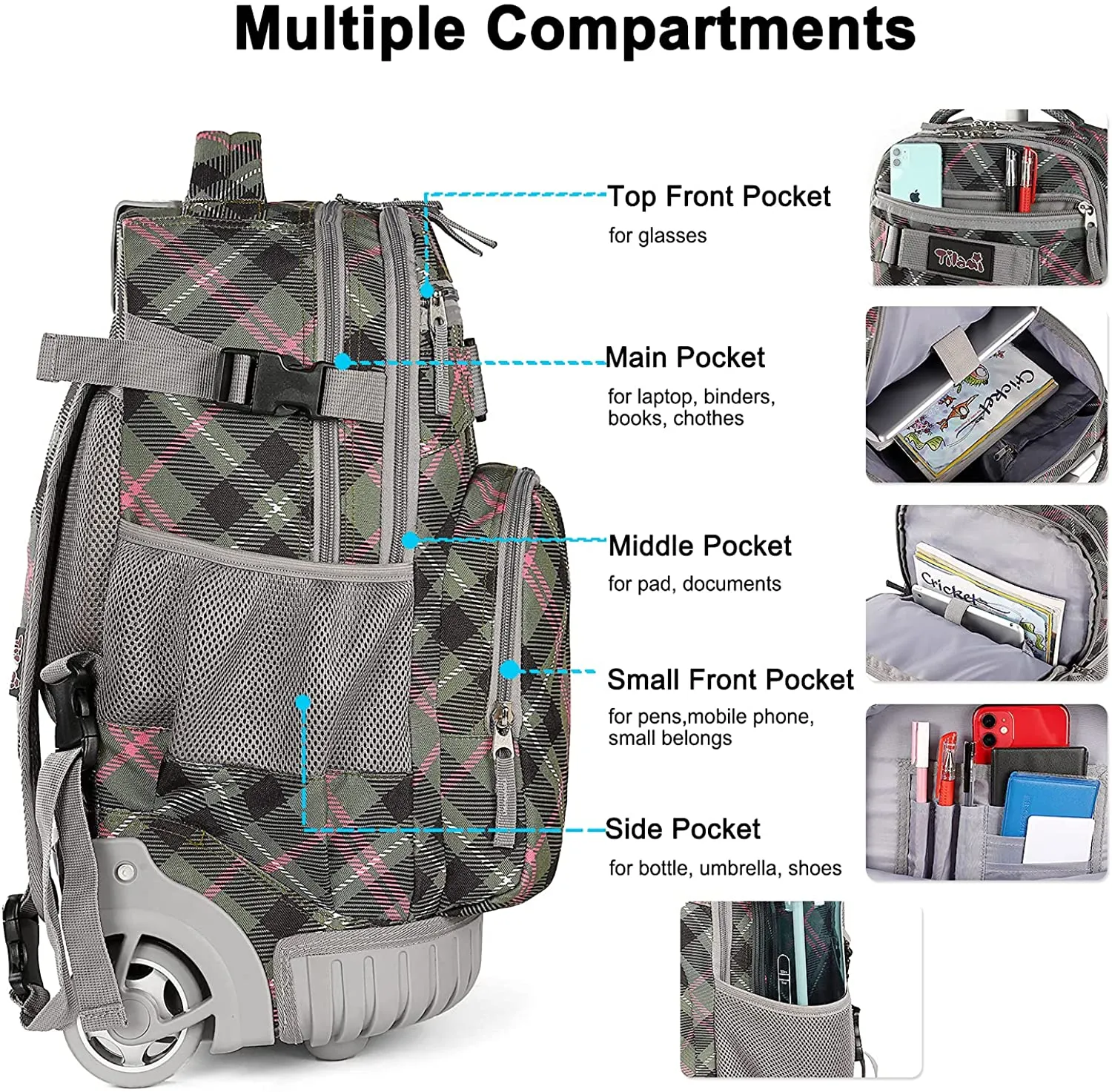 Tilami Pink Plaid 18 inch Kids Rolling Backpack Laptop Backpack