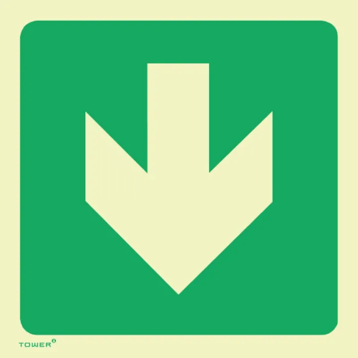 Tower Photoluminescent Green Arrow Down Sign - Green/White 190 x 190mm