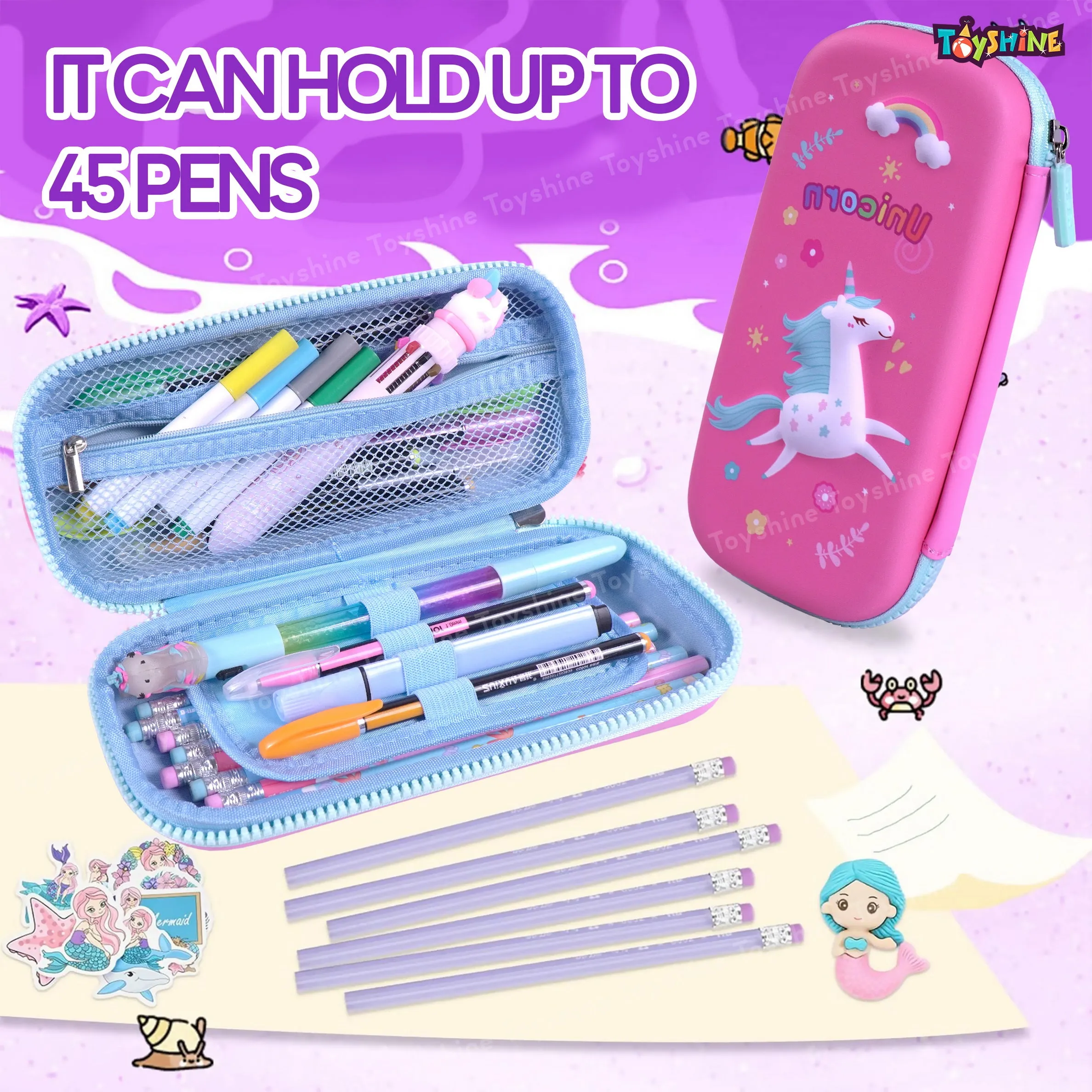 Toyshine 3D EVA Unicorn Pencil Pouch Large Capacity Pencil Pen Organizer Box Pouch Bag with Compartment Student Stationery Box for Age 3  (Pink)