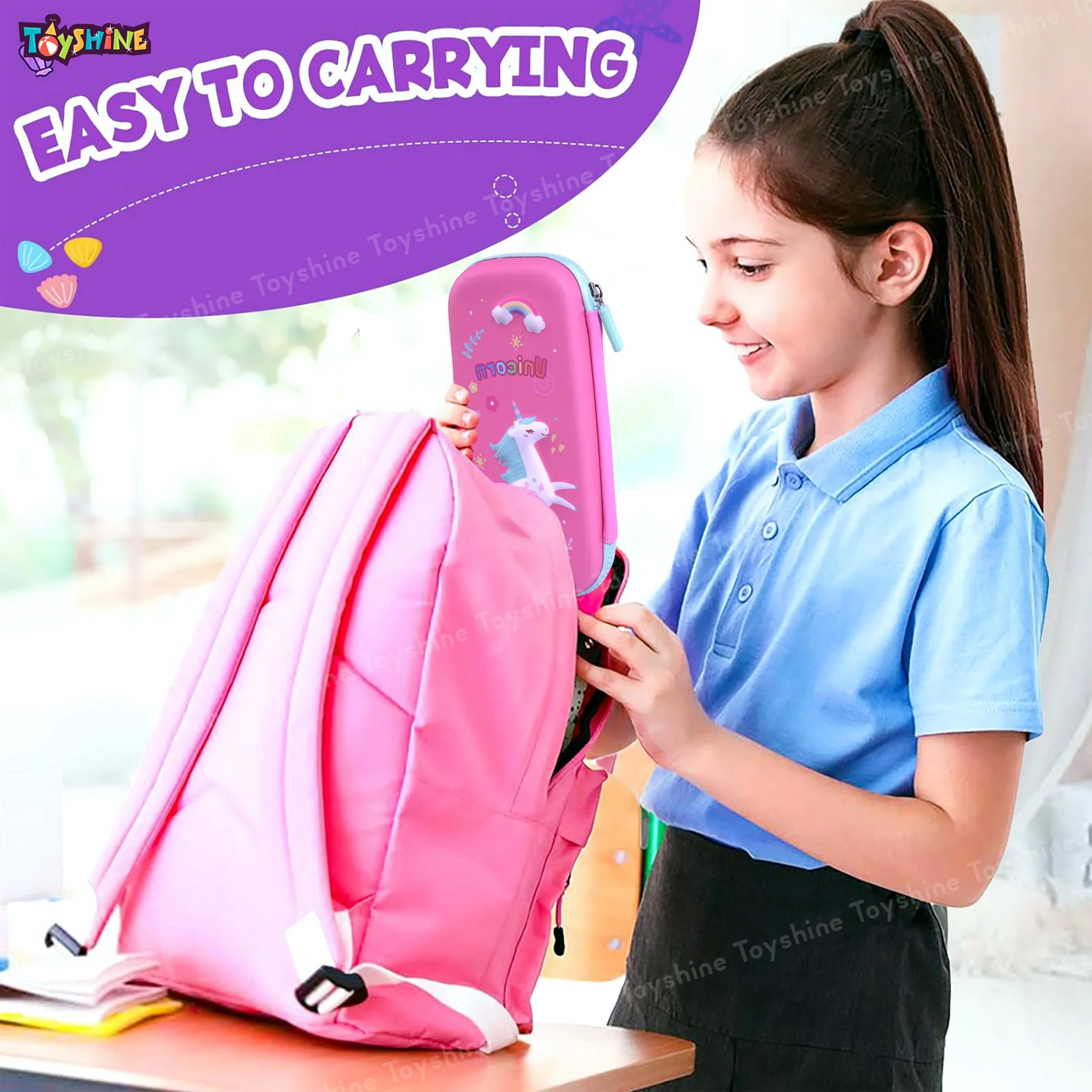 Toyshine 3D EVA Unicorn Pencil Pouch Large Capacity Pencil Pen Organizer Box Pouch Bag with Compartment Student Stationery Box for Age 3  (Pink)