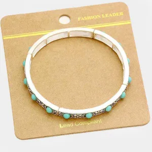 Turquoise Colored Stones Antique Silver Stretch Bracelet