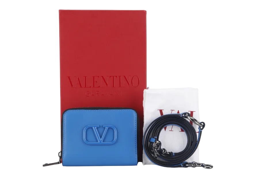 VALENTINO GARAVANI BLUE LEATHER V LOGO CAMERA CROSSBODY BAG RUTHENIUM HARDWARE WITH STRAPS, DUST COVER AND BOX