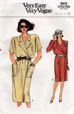 Very Easy Vogue 9512 Womens Wrap Front Dress 1980s Vintage Sewing Pattern Size 8 - 12 UNCUT Factory Folded