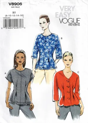 Very Easy Vogue V8906 Womens Tucked Waist Tops Out Of Print Sewing Pattern Size 8 - 16 UNCUT Factory Folded