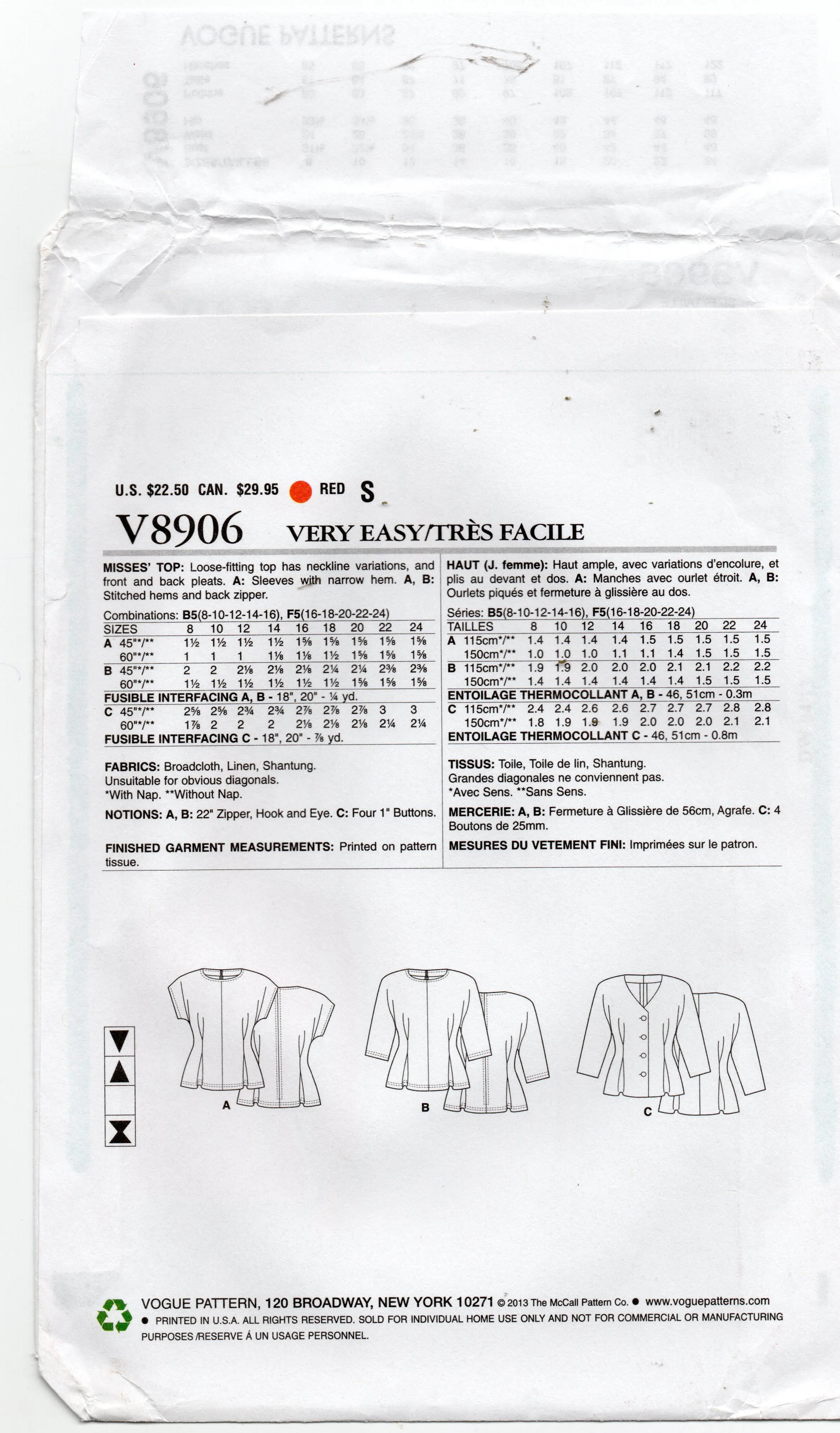 Very Easy Vogue V8906 Womens Tucked Waist Tops Out Of Print Sewing Pattern Size 8 - 16 UNCUT Factory Folded