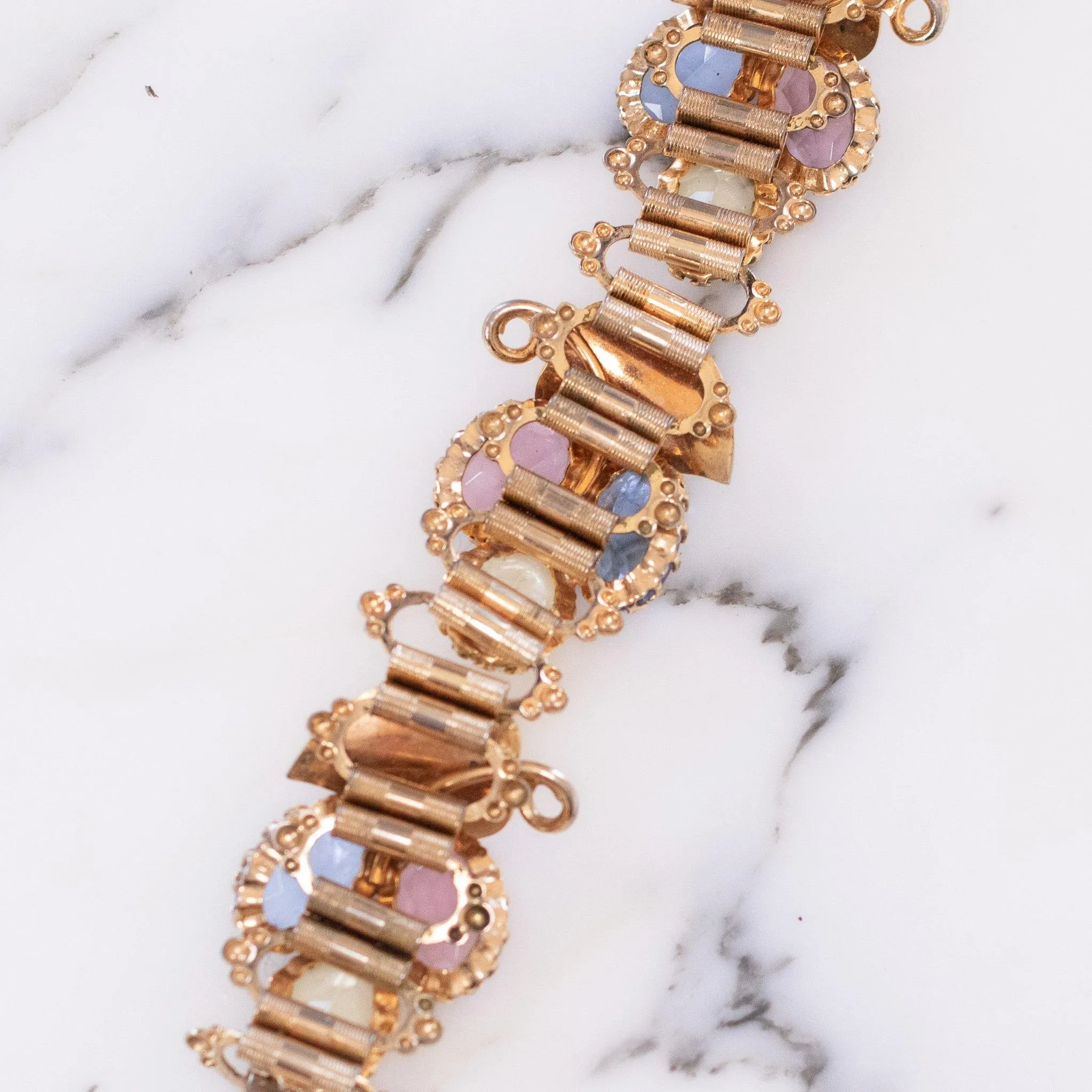Vintage Blue, Rose, and Lemon Yellow Rhinestone Book Chain Bracelet with Leaf Details