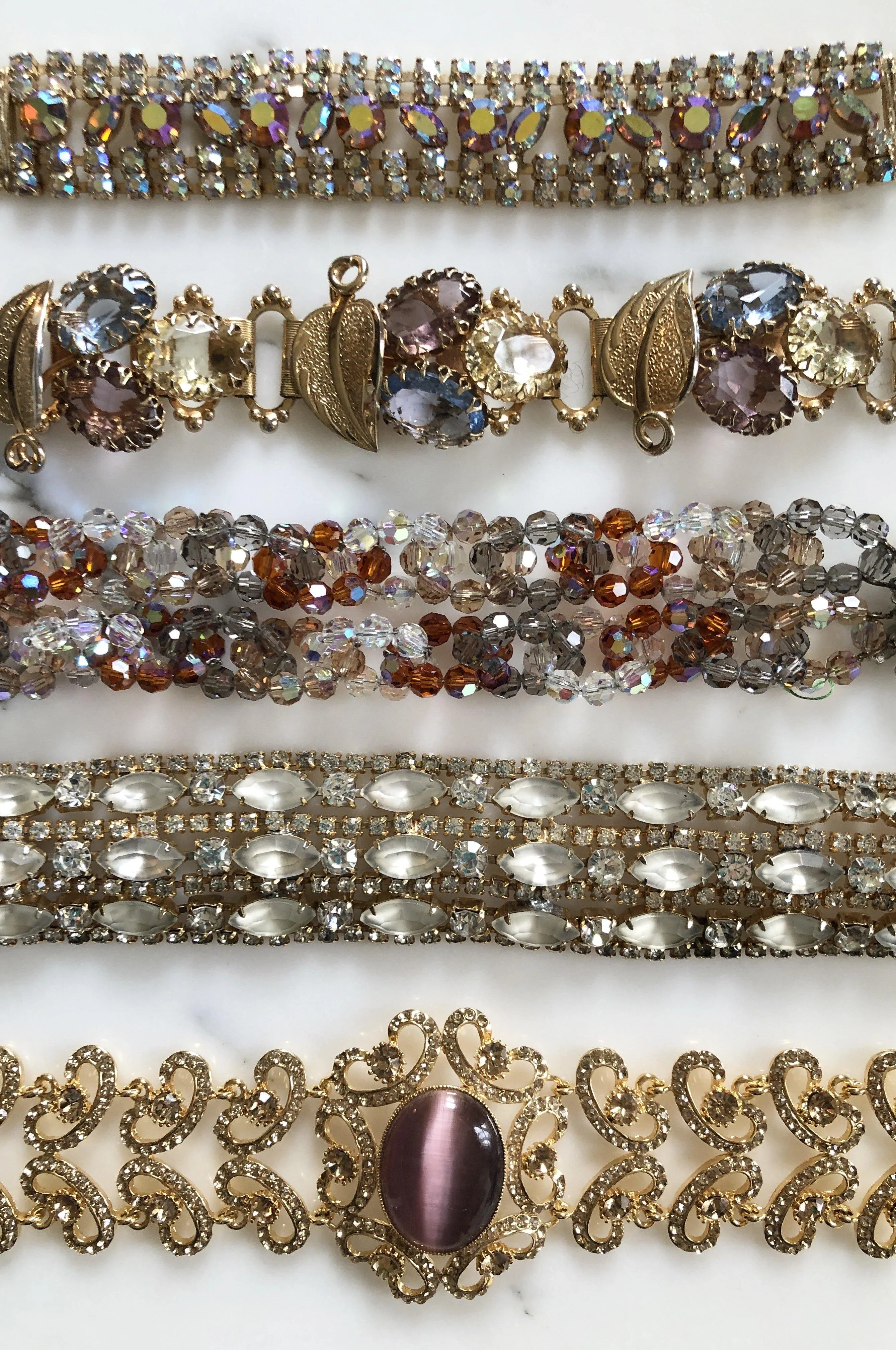Vintage Blue, Rose, and Lemon Yellow Rhinestone Book Chain Bracelet with Leaf Details