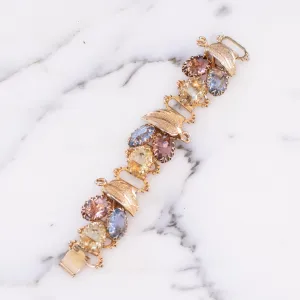 Vintage Blue, Rose, and Lemon Yellow Rhinestone Book Chain Bracelet with Leaf Details
