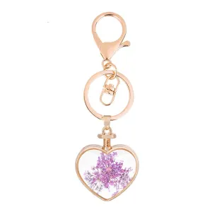 Violet Flower & 18K Gold-Plated Pressed Baby'S Breath Heart Key Chain