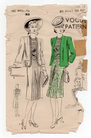 Vogue 8905 Womens Shirred Bodice Dress & Jacket 1940s Vintage Sewing Pattern Size 18 Bust 36 inches