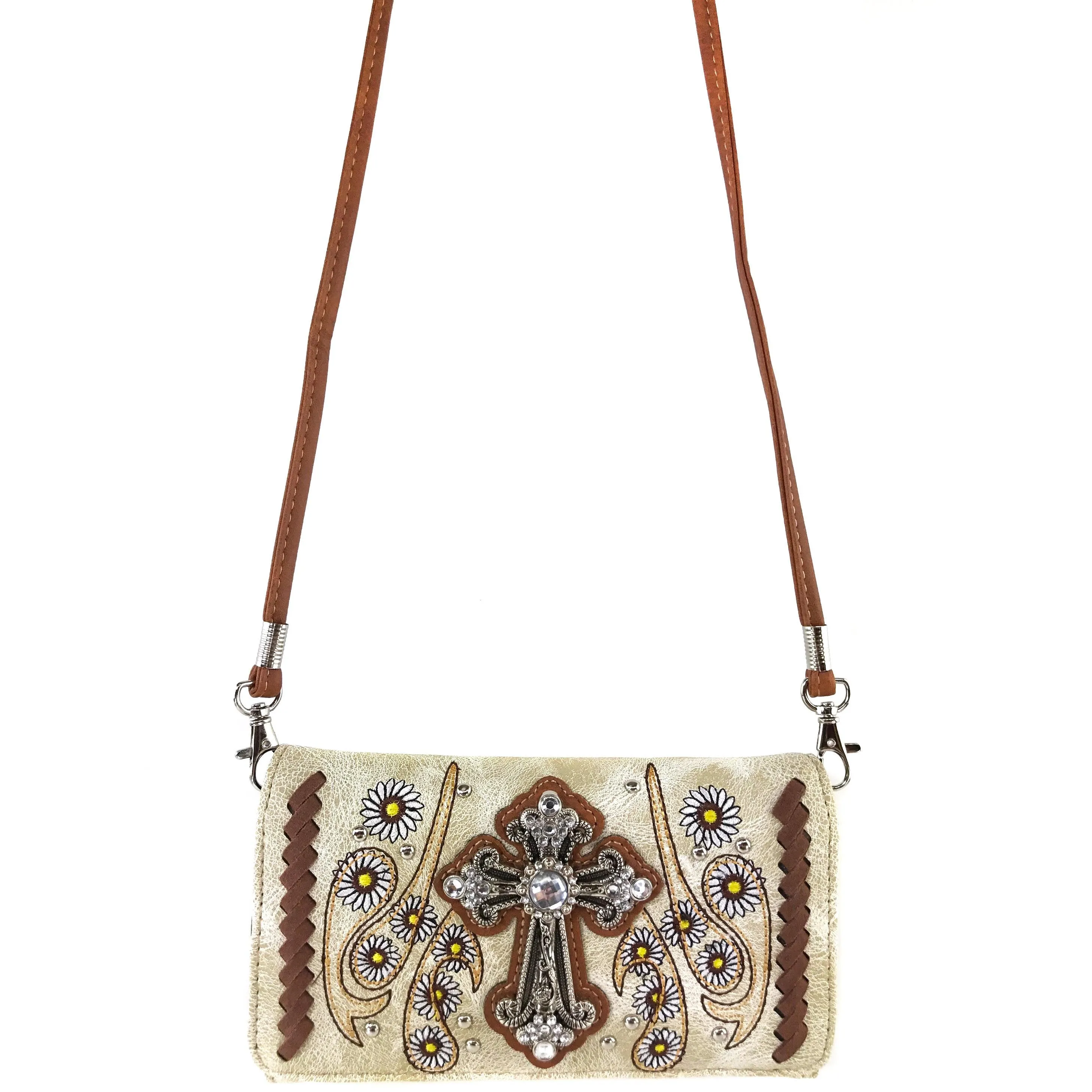 Western Peak Beige Yellow Silver Cross Floral Embroidered Concealed Carry Trifold Wallet