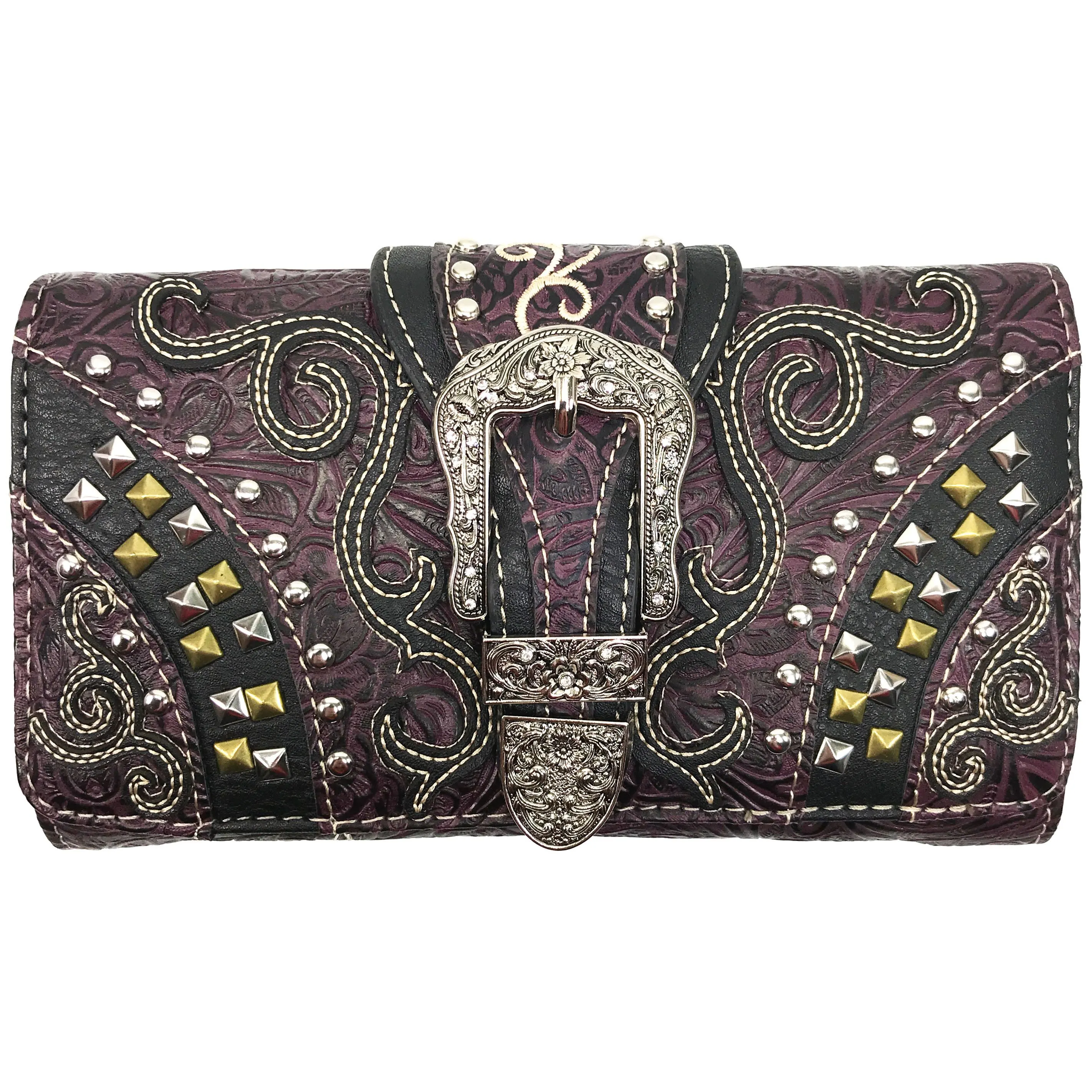 Western Peak Purple Gold Silver Belt Buckle Concealed Carry Trifold Wallet