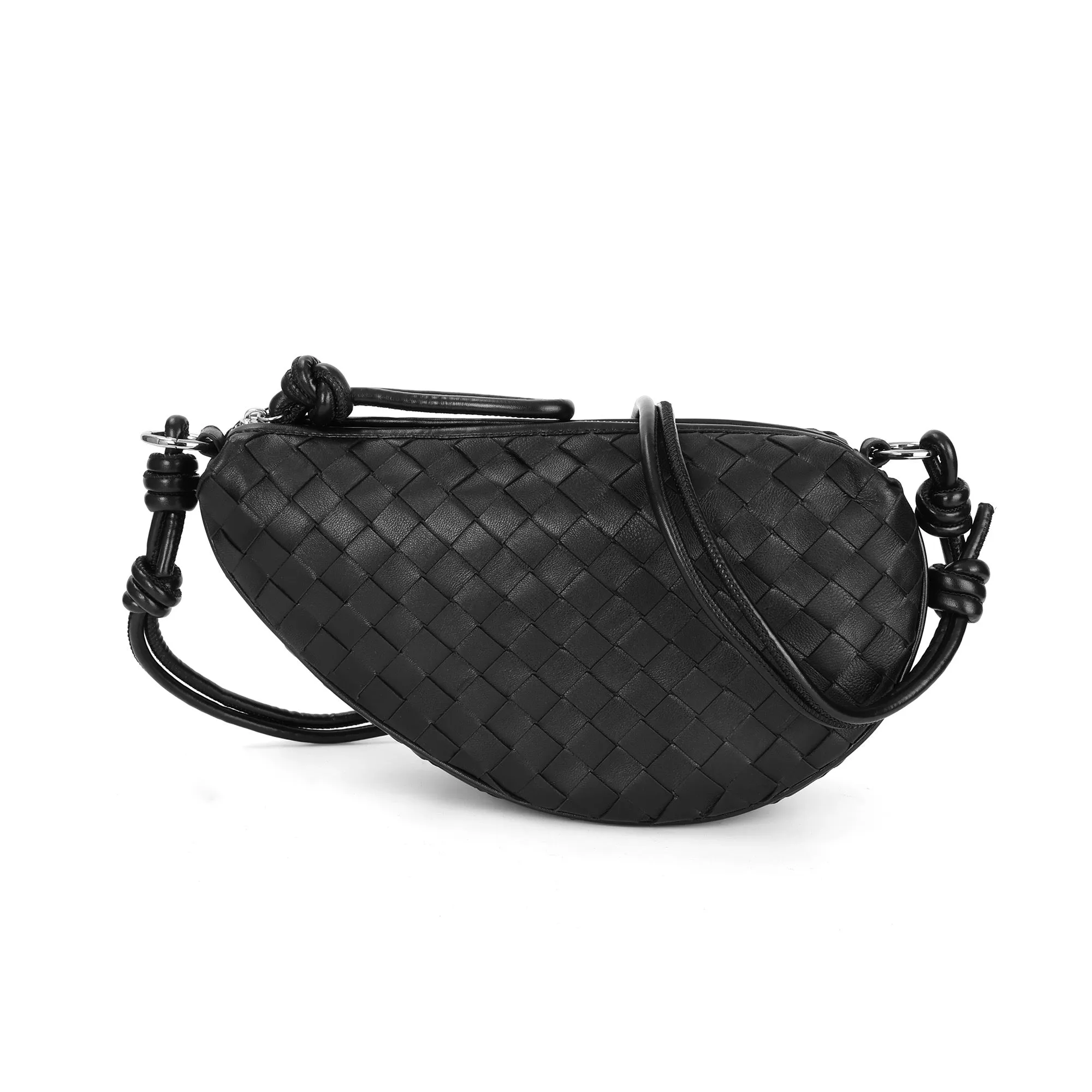 Woven & Braided Leather Half-Moon Crossbody Bag