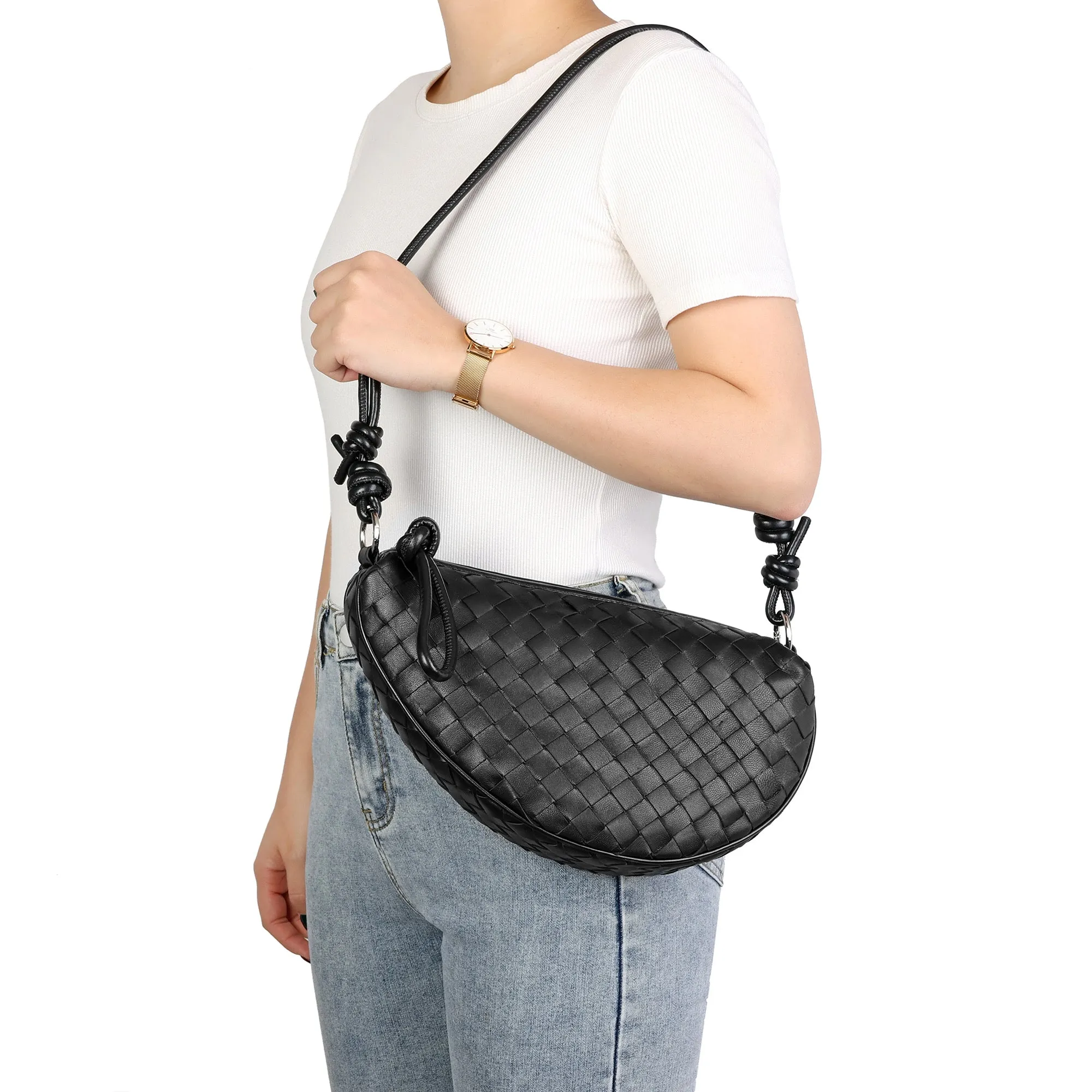 Woven & Braided Leather Half-Moon Crossbody Bag