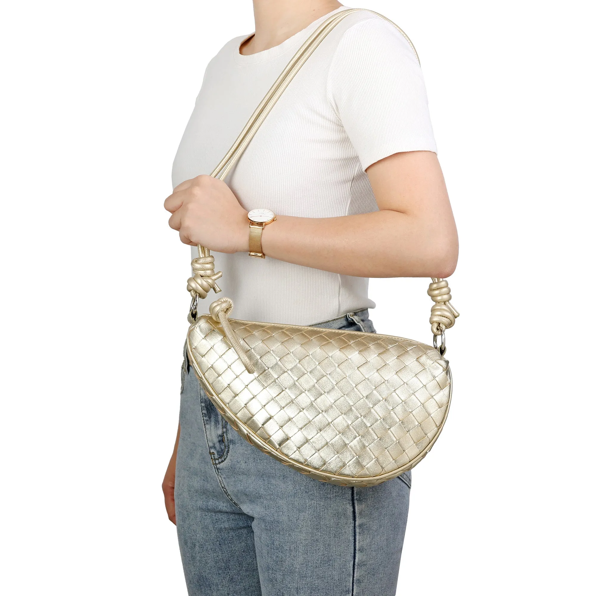Woven & Braided Leather Half-Moon Crossbody Bag