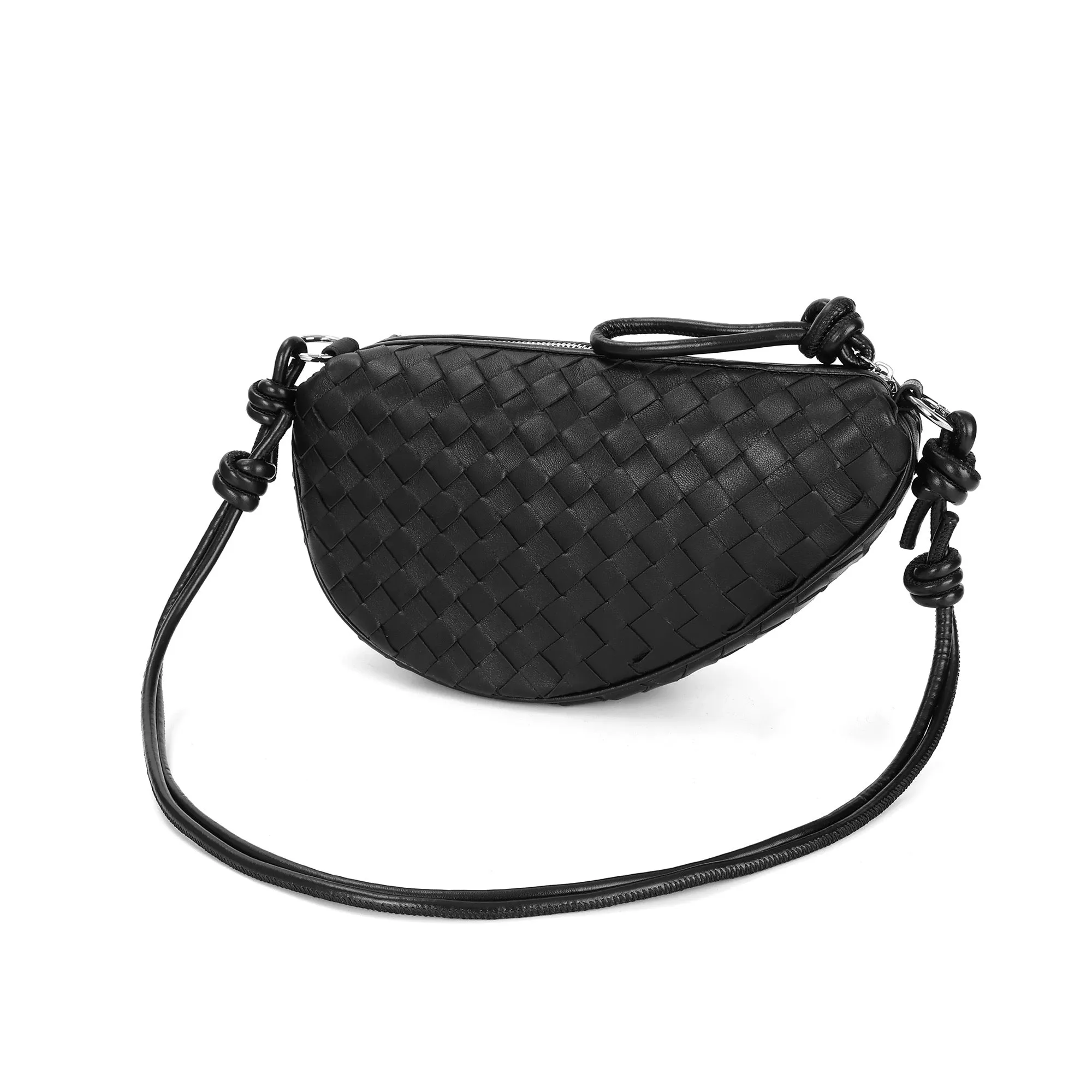 Woven & Braided Leather Half-Moon Crossbody Bag