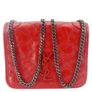 YVES SAINT LAURENT Niki Crinkled Leather Chain Wallet Crossbody Bag Red